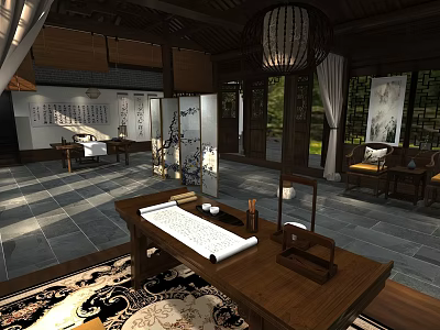 Traditional Chinese Interior With Wooden Furniture Screen Lantern Calligraphy Carpet And Natural View 3d model