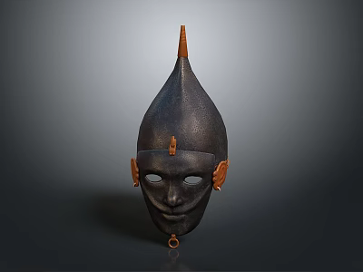 Ancient Decorative Mask With Pointed Conical Top Textured Surface Side Ear Decorations And Pendant 3d model