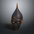 Ancient Decorative Mask With Pointed Conical Top Textured Surface Side Ear Decorations And Pendant
