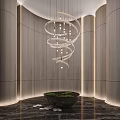 Spiral Chandelier In Modern Interior With Wooden Walls LED Lighting Black Planter And Green Plants