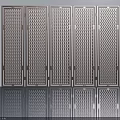 Five Dark Metal Doors With Diamond Grid Pattern Neatly Arranged On Reflective Floor 3d model