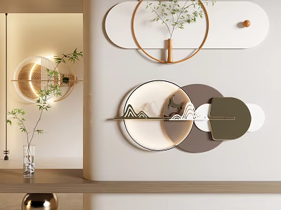 Elegant Modern Wall Decorative Hangings With Circular Oval Metal Frames Wooden Accents And Plant Decor 3d model