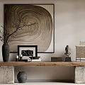 Wooden Shelf On Stone Pedestal Base With Decorative Vase Sculpture Framed Art And Abstract Painting