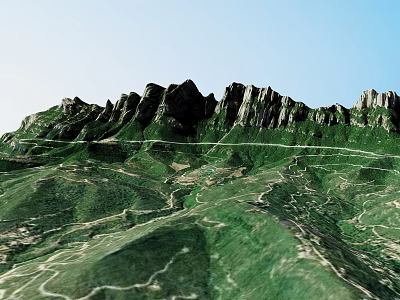 Natural Garden Landscape with Lush Greenery Winding Paths and Scenic Mountain Views 3d model