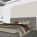 Modern Bedroom Interior Design With Beige Bed Pillows Nightstands Table Lamps And Black White Striped Rug