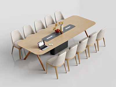 Modern Rectangular Wooden Conference Table with Laptop Vase and Surrounded by White Chairs 3d model