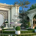 Elegant Garden with White Dome Structure Arches Central Fountain Trimmed Green Plants and Purple Flowers