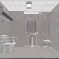 Modern Public Restroom With White Tile Walls Grab Bars Toilet Sink And Mirror