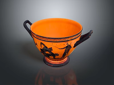 Greek Style Tableware Set With Orange Two Handled Cup Black Figure Designs And Pedestal Base 3d model