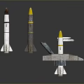 Three Military Rockets With Yellow Tips Displayed On Launch Pad And Stands