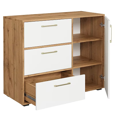 Stylish Wooden Entryway Sidetable Cabinet With White Drawers Open Shelves And Metal Handles 3d model