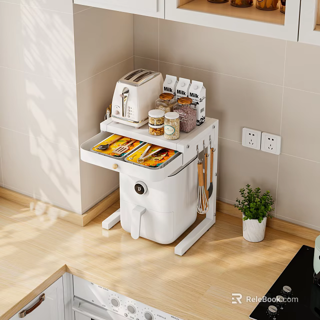 Compact Kitchen Cart For Storage With Toaster Jars And Plant 3d model