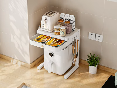 Compact Kitchen Cart For Storage With Toaster Jars And Plant 3d model
