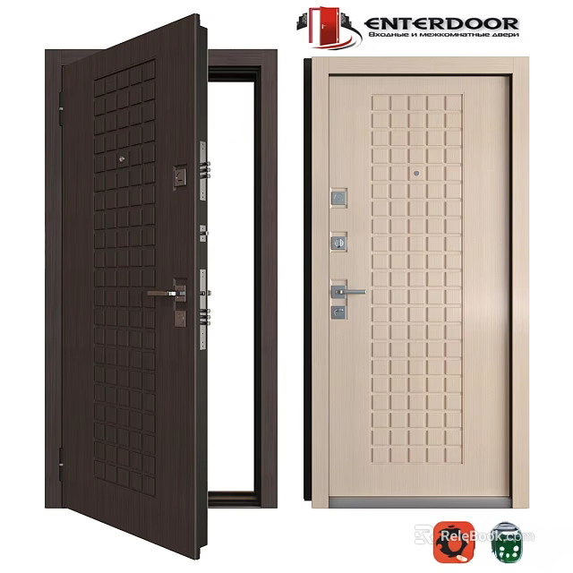 Swing Door with Dark Brown and Beige Grid Pattern Design and Door Lock Handle 3d model 