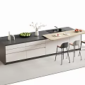 Modern Bar Counter With Wooden And Black Top Drawers Chairs Vase And Fruits