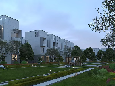 Modern Multi Story Residential Building With Gray Exterior Lawn Trees Pathways And Street Lamps 3d model