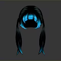 Game Movie Character Stylish Black Twin Tails with Blue Glowing Highlights