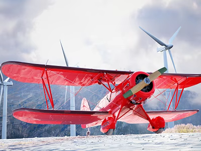 Red Biplane Passenger Plane with Wind Turbines and Mountains in Cloudy Sky 3d model