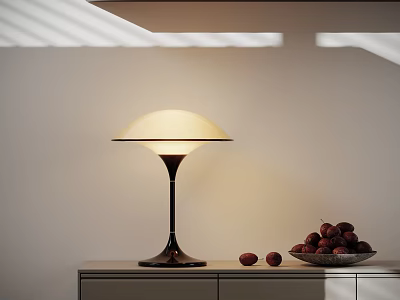 Modern Table Lamp With Red Fruits In Bowl On Cabinet White Wall Background 3d model