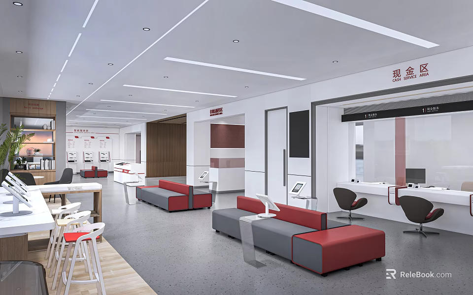 Modern Entrance In Financial Institution Interior With Sofas And Desks 3d model 