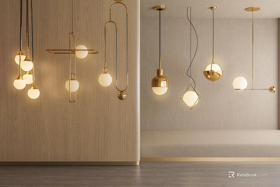 Modern Brass Pendant Chandelier With Spherical Lights And Minimalist Hanging Design 3d model 