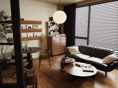 Modern Living Room Interior With Black Leather Sofa Round Pendant Light Blinds And Wooden Floor 3d model