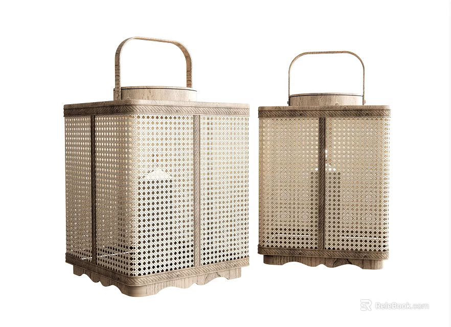 Two Metal Decorative Candle Lanterns with Grid Pattern and Top Handle 3d model 