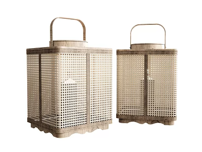 Two Metal Decorative Candle Lanterns with Grid Pattern and Top Handle 3d model