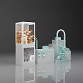 Transparent Display Cabinet With Orange Spheres Bottles And White Shopping Bags With Light Blue Bows