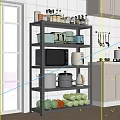 Multi Tier Kitchen Metal Shelf with Microwave Spices Pots and Fresh Vegetables