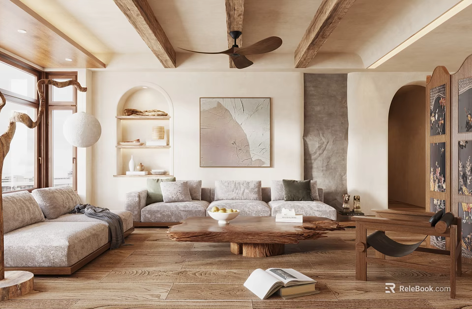 Cozy Living Room Interior With Wooden Beams Ceiling Fan Arched Design Sofa Coffee Table And Artwork 3d model 