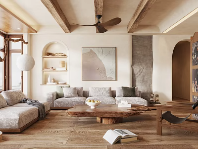 Cozy Living Room Interior With Wooden Beams Ceiling Fan Arched Design Sofa Coffee Table And Artwork 3d model