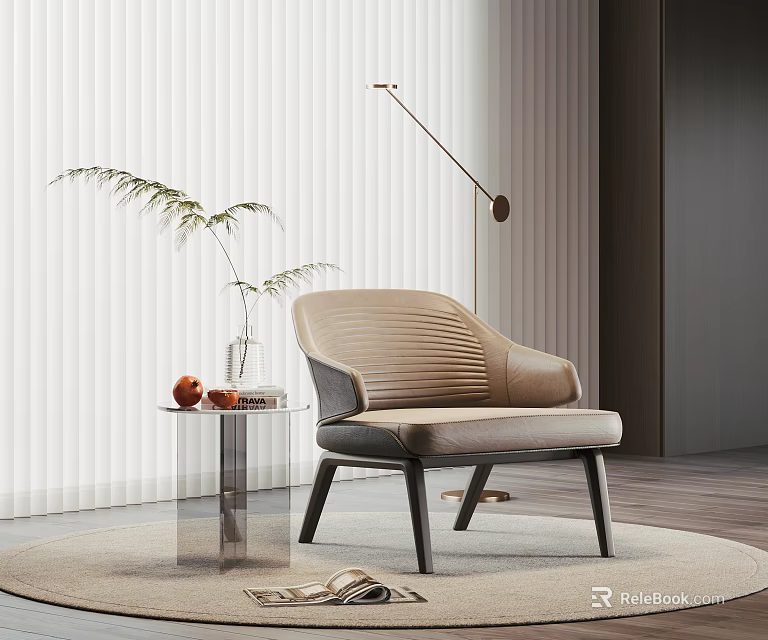 Modern Comfortable Leisure Chair With Pleated Design Transparent Side Table Floor Lamp And Magazine 3d model 