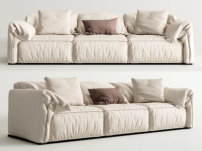 Three-Seater Beige Fabric Sofa with White and Brown Throw Pillows Modern Interior Design 3d model
