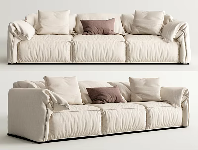 Three-Seater Beige Fabric Sofa with White and Brown Throw Pillows Modern Interior Design 3d model