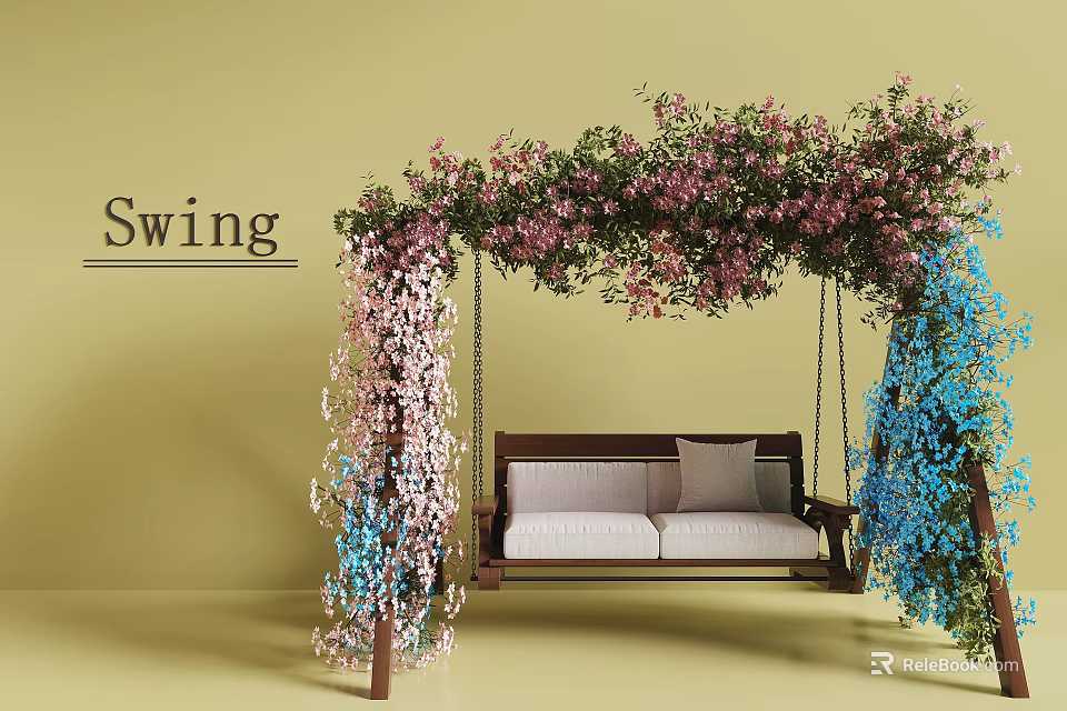 Relaxing Garden Swing Chair with Wooden Frame Pink Blue Flower Vines and White Cushions 3d model 