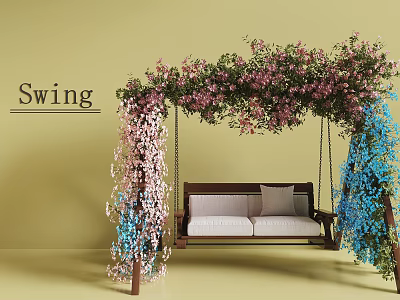 Relaxing Garden Swing Chair with Wooden Frame Pink Blue Flower Vines and White Cushions 3d model