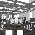 Modern Public Office Space with Multiple Computer Monitors White Desks and Potted Plants 3d model