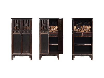 Dark Wood Decorative Cabinet With Intricate Carved Patterns And Open Shelves 3d model