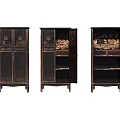 Dark Wood Decorative Cabinet With Intricate Carved Patterns And Open Shelves