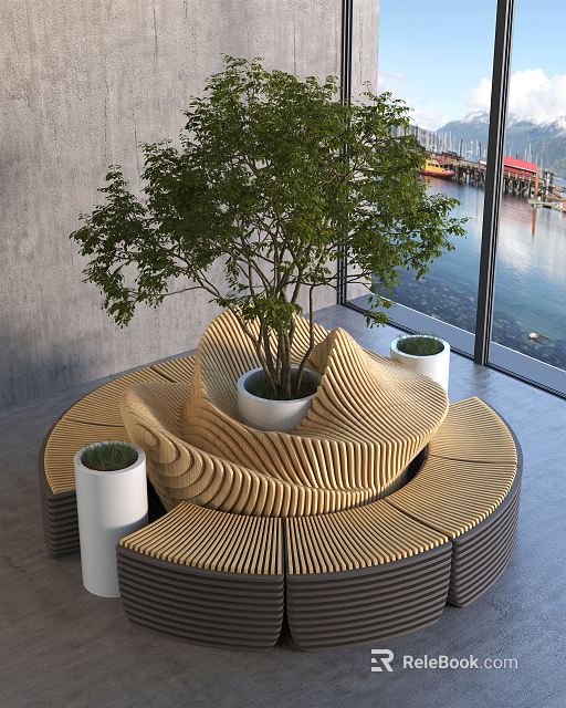 Circular Public Chair With Curved Wooden Structure And Plants By Large Windows With Water View 3d model 