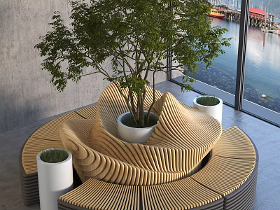 Circular Public Chair With Curved Wooden Structure And Plants By Large Windows With Water View 3d model