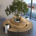 Circular Public Chair With Curved Wooden Structure And Plants By Large Windows With Water View