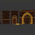Architectural Building Components 3D Model With Columns Brick Walls Doors And Roofs