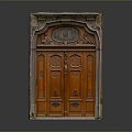 Ancient Wooden Door Featuring Intricate Carvings and Arched Top Against Dark Background
