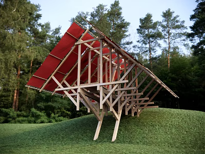 Unique Wooden Observation Deck With Red Canopy In Forest Grass Hill Surroundings 3d model