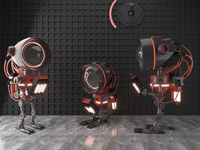 Three Smart Machines Featuring Red Black Design Illuminated Lights On Grid Wall Gray Floor 3d model