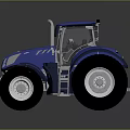 Blue Farm Tractor With Large Black Wheels Silver Rims And Transparent Cabin