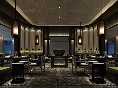 Traditional Chinese Restaurant Interior with Hanging Lanterns Central Decorative Bowl Wooden Tables and Chairs 3d model