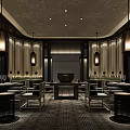 Traditional Chinese Restaurant Interior with Hanging Lanterns Central Decorative Bowl Wooden Tables and Chairs